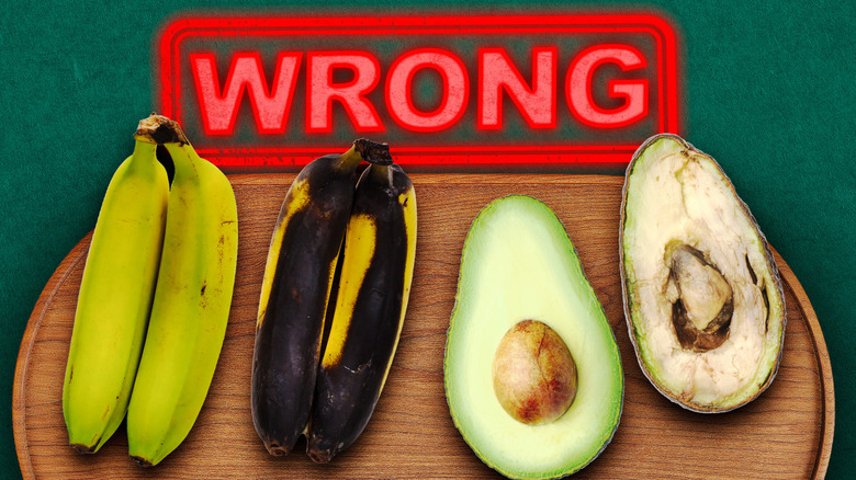 Avocados and bananas on a wooden tray going from ripe to rotten