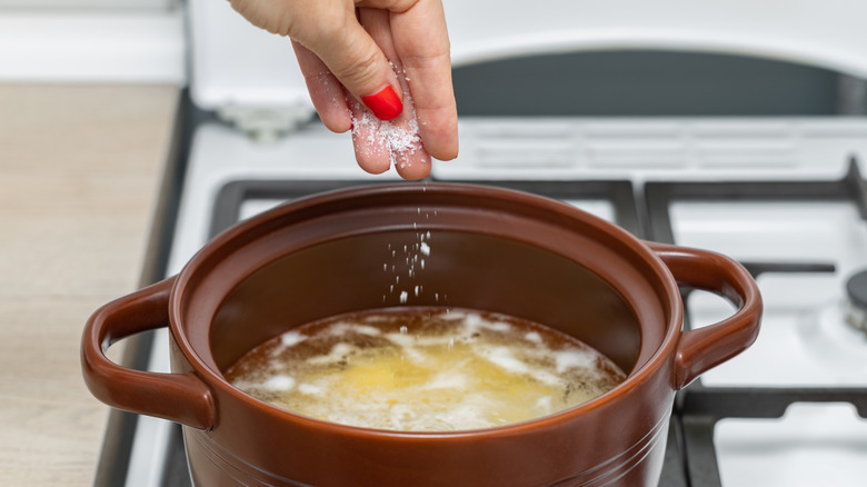 A manicured hand salting a pot of soup on the stove