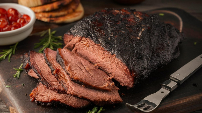 Sliced ​​brisket on cutting board