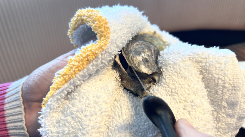 Hands prying open oyster with knife