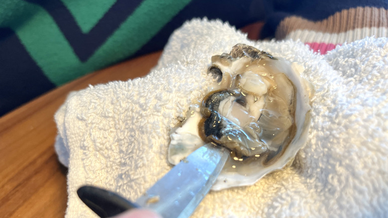 Knife going under the oyster flesh
