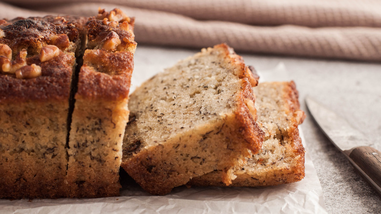 Sliced loaf of banana bread