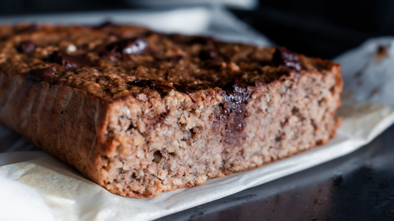 A homemade oatmeal, banana, and chocolate cake.