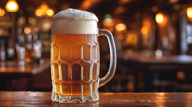 Mug of foamy light beer on bar counter
