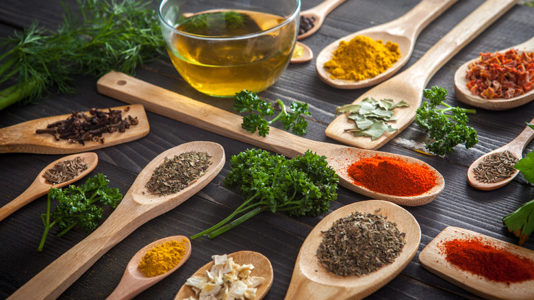Fresh spices in different wooden spoons