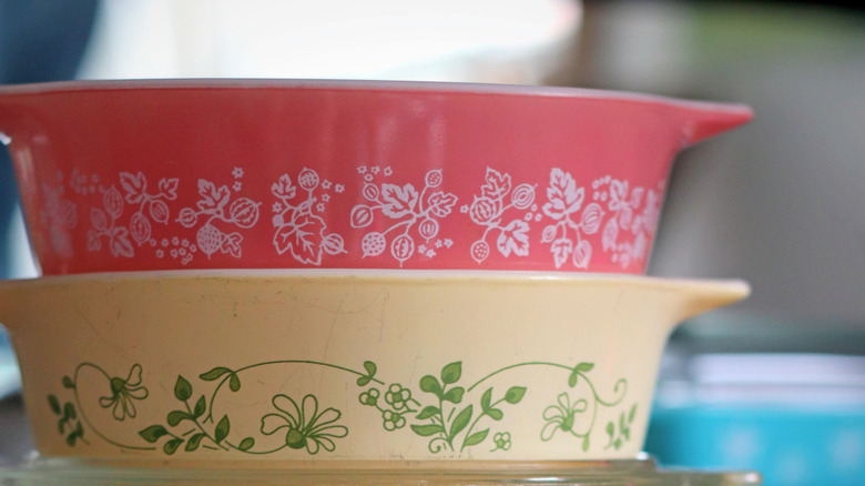 Patterned Pyrex casserole dishes