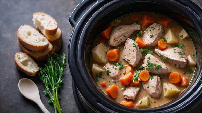 Chicken stew in slow cooker with fresh herbs