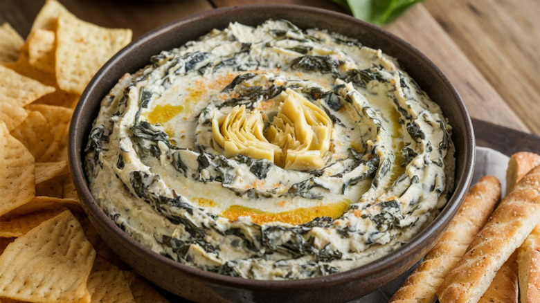 Spinach and artichoke dip in a dark ceramic bowl
