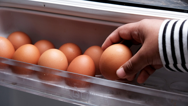 Hand grabbing an egg from the fridge