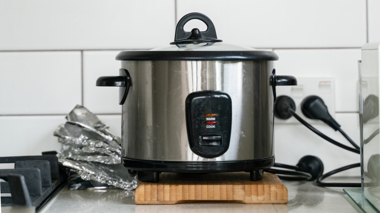 silver rice cooker on a kitchen counter