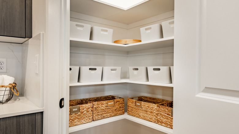 pantry with labeled bins and baskets