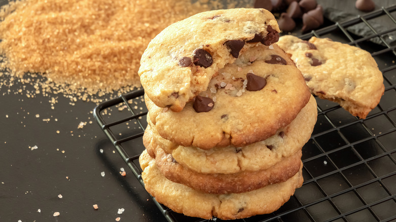 Chocolate chip cookies with Turbinado sugar in background