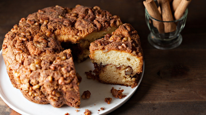 Coffee cake on white plate