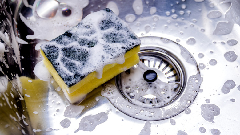 Soapy kitchen sponge in sink