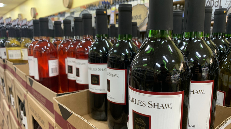 Shelf of Charles Shaw wine