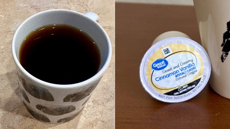 A photo of a mug of Great Value Cinnamon Vanilla coffee next to a photo of its pod