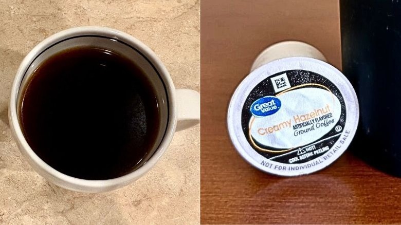 A photo of a mug of Great Value Creamy Hazelnut coffee next to a photo of its pod