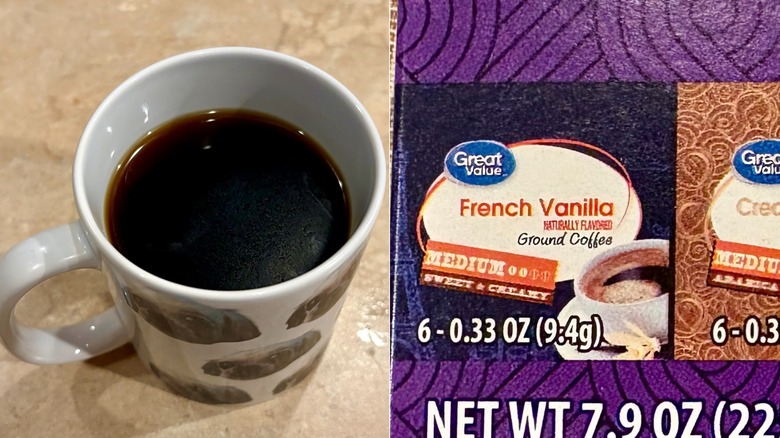 A photo of a mug of Great Value French Vanilla coffee next to a photo of a close up of a Great Value French Vanilla box