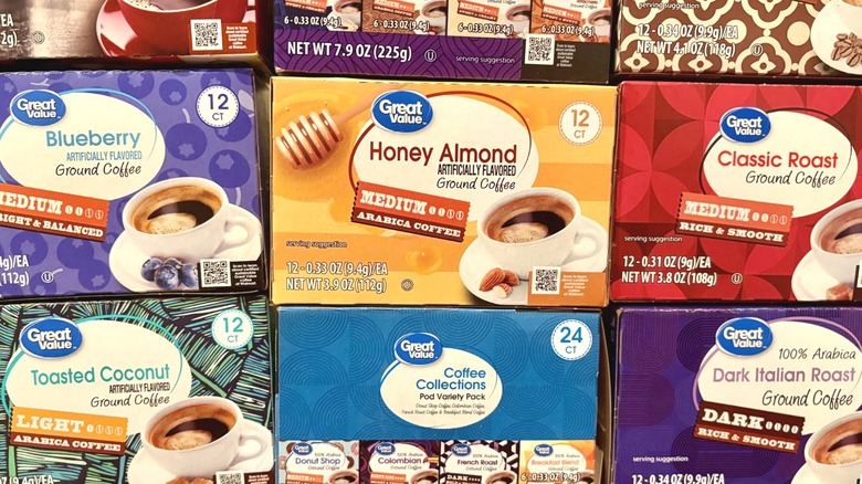 Boxes of Great Value coffee pods stacked on top of each other