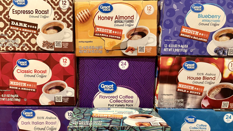 Boxes of Great Value coffee pods stacked on top of each other