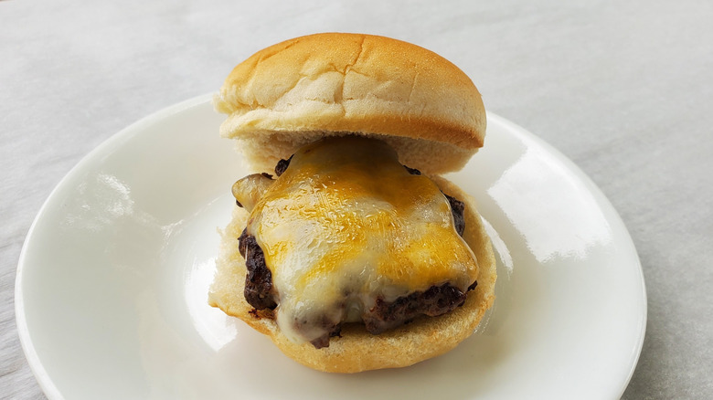 A beef slider with Colby Jack cheese on a white plate