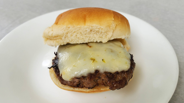 A beef slider with pepper jack cheese