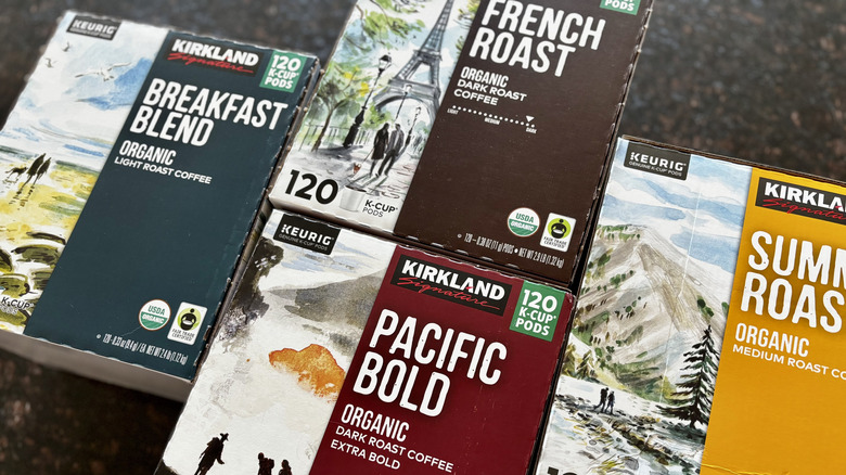 Costco Kirkland coffee pod boxes on countertop
