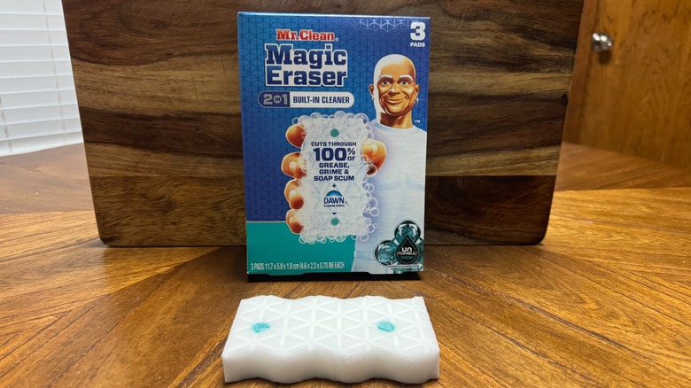 A package of Mr. Clean Magic Erasers on a wooden background