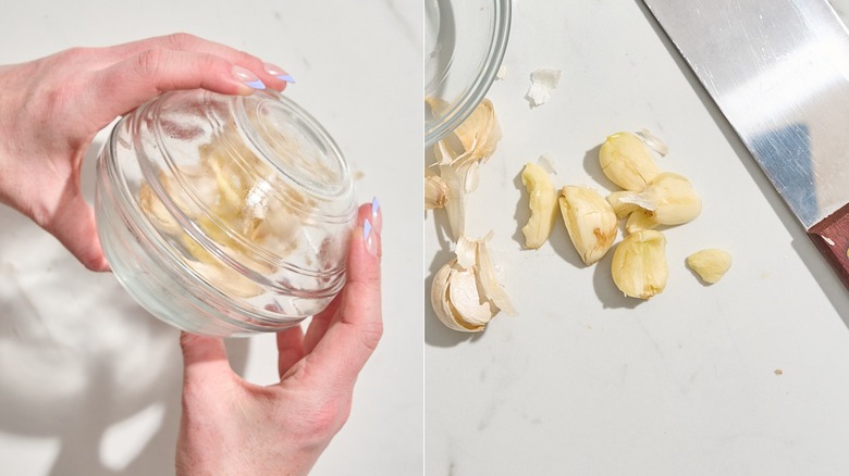 Shaking garlic cloves between two bowls next to the resulting peeled garlic