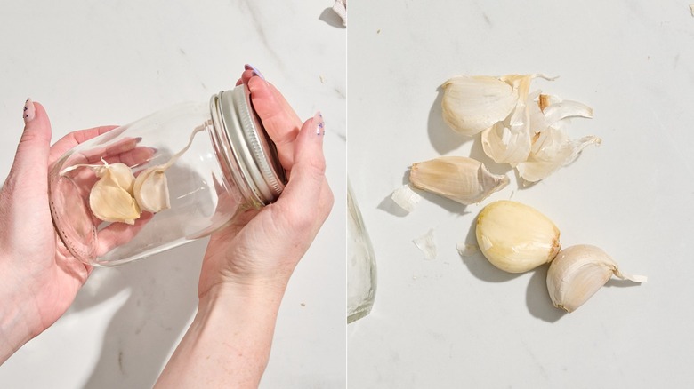 Shaking a jar with garlic cloves next to the resulting peeled garlic