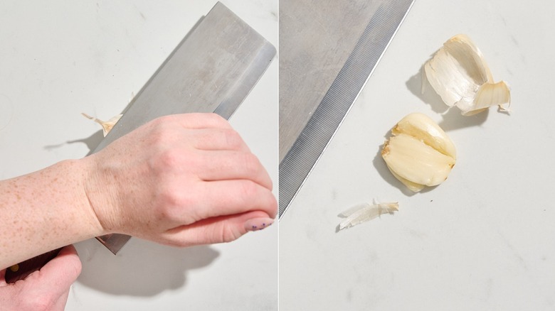 Smashing garlic with a knife next to the resulting peeled garlic