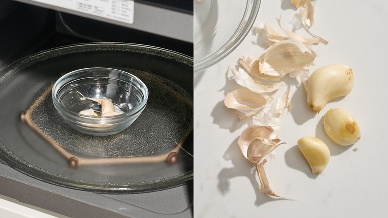Bowl of garlic cloves in a microwave next to the resulting peeled garlic