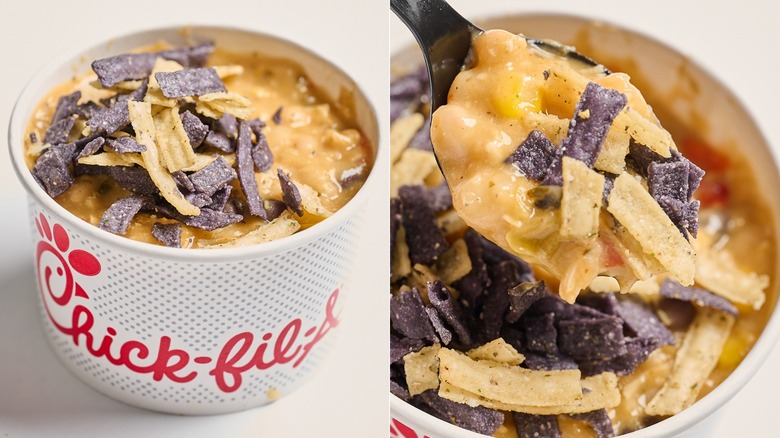 Chicken tortilla soup on a table