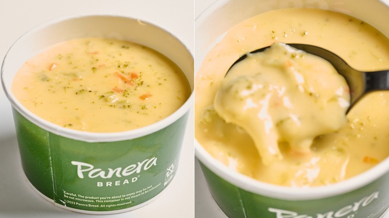 Cup of broccoli cheddar soup on a table