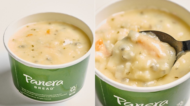 Cream of chicken and wild rice soup in a cup on a table