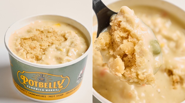 Chicken pot pie soup in a cup on a table