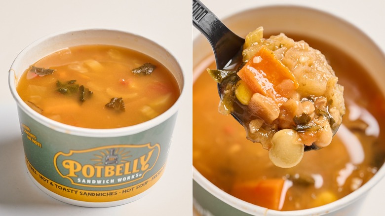 Garden vegetable soup in a cup on a table