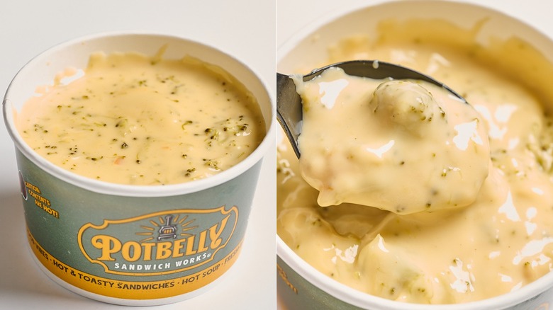 Cup of Potbelly's broccoli cheddar soup on a table