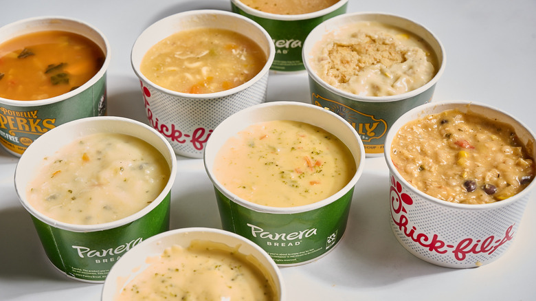 Fast food soup cups on a table