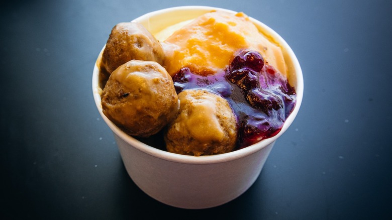 Side view of IKEA Swedish meatball sundae