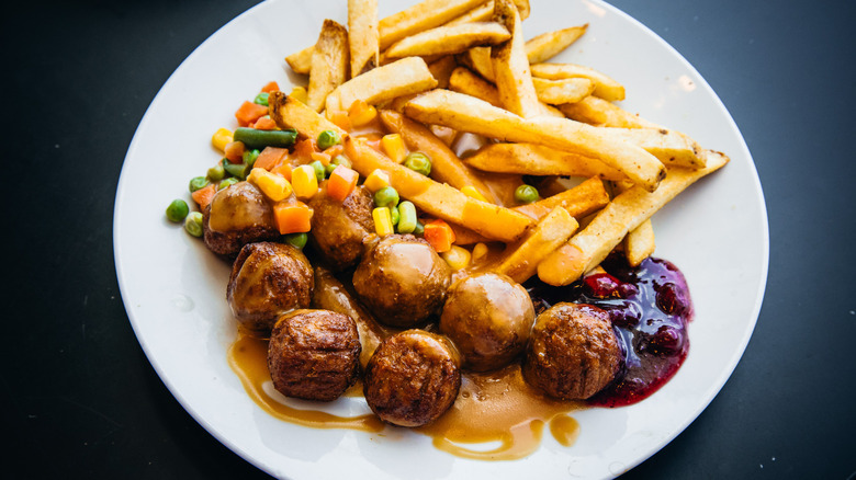 IKEA plant balls with fries on a plate