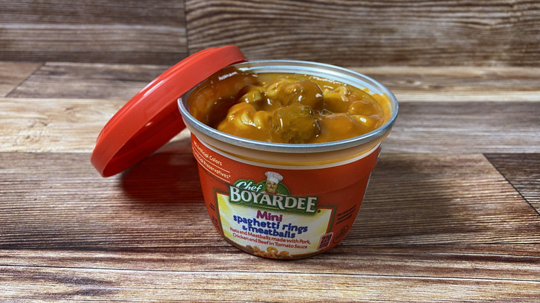 An open container of Chef Boyardee Mini Spaghetti Rings & Meatballs