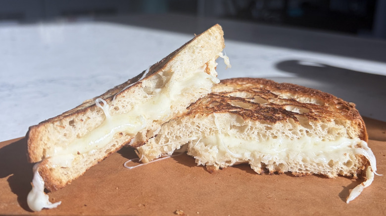 A halved grilled cheese sandwich made with Havarti cheese sits on a cutting board