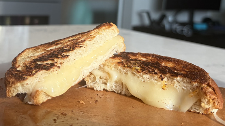 A halved grilled cheese sandwich made with Monterey Jack cheese sits on a cutting board