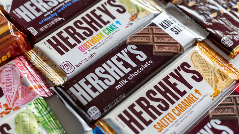 Variety of Hershey's chocolate bars on a white background