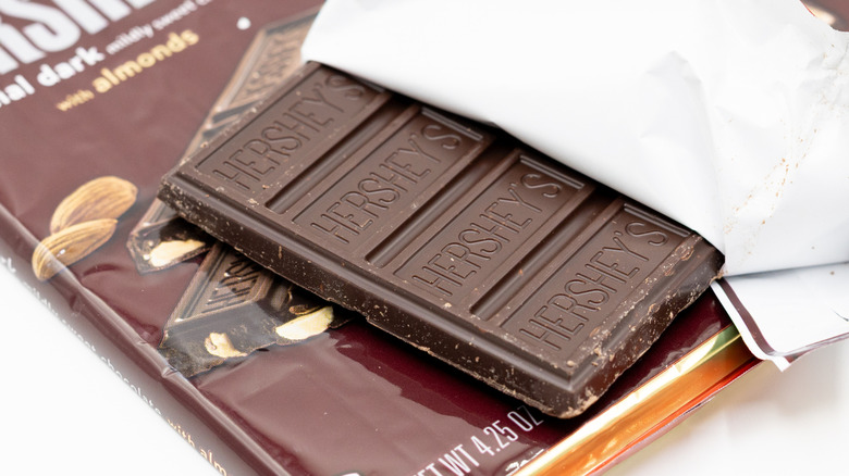 Close-up of Hershey's chocolate candy bars stacked on top of one another