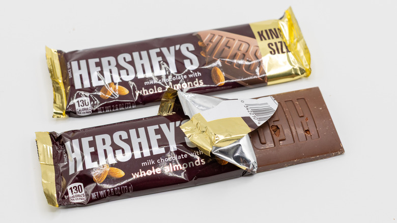 Hershey's Milk Chocolate with Whole Almonds bars on white background