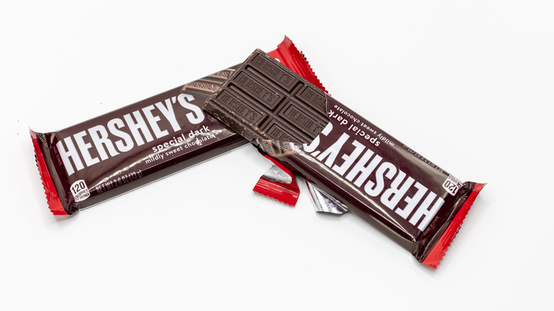 Hershey's Special Dark chocolate bar on white background