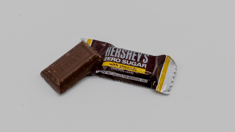 Bar of Hershey's Zero-Sugar Milk Chocolate with Almonds on white background
