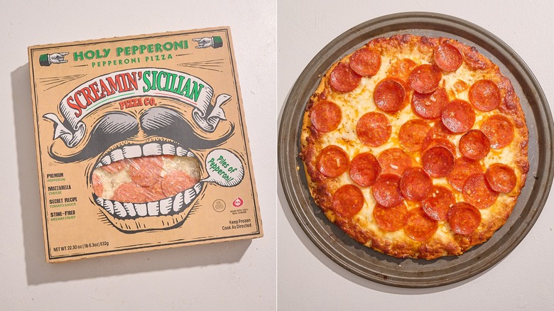A Screamin' Sicilian pepperoni pizza in a box next to the baked pizza